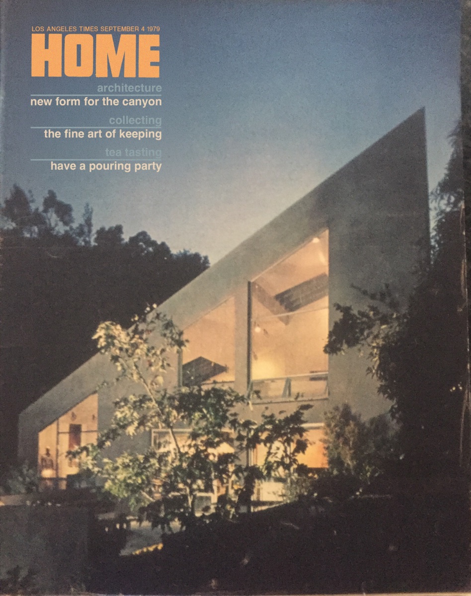 The cover of HOME, the Los Angeles Times Sunday magazine, showing an angular canyon house lit from within at dusk beneath the cover line “new form for the canyon”.