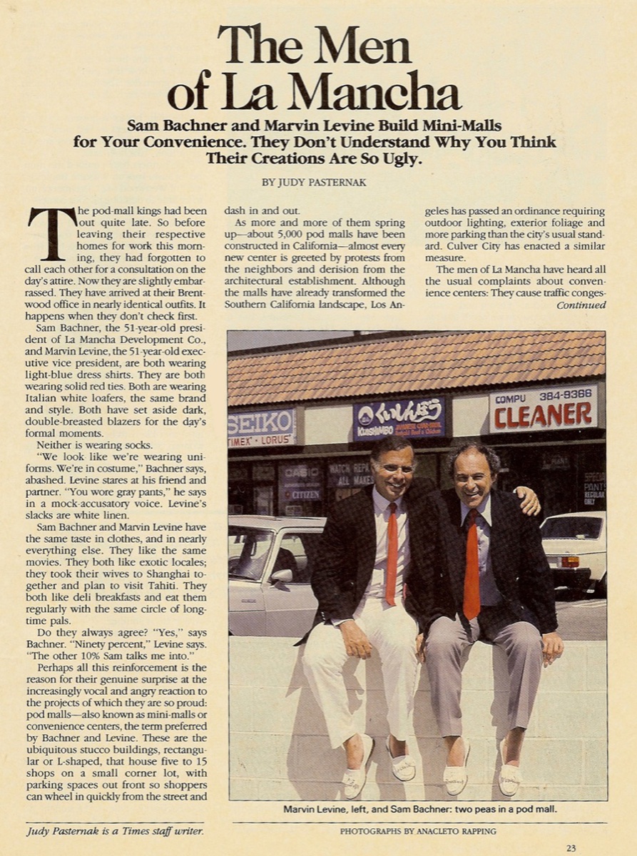 A Los Angeles Times clipping headlined “The Men of La Mancha”, profiling Sam Bachner and Marvin Levine and the mini-malls they built.